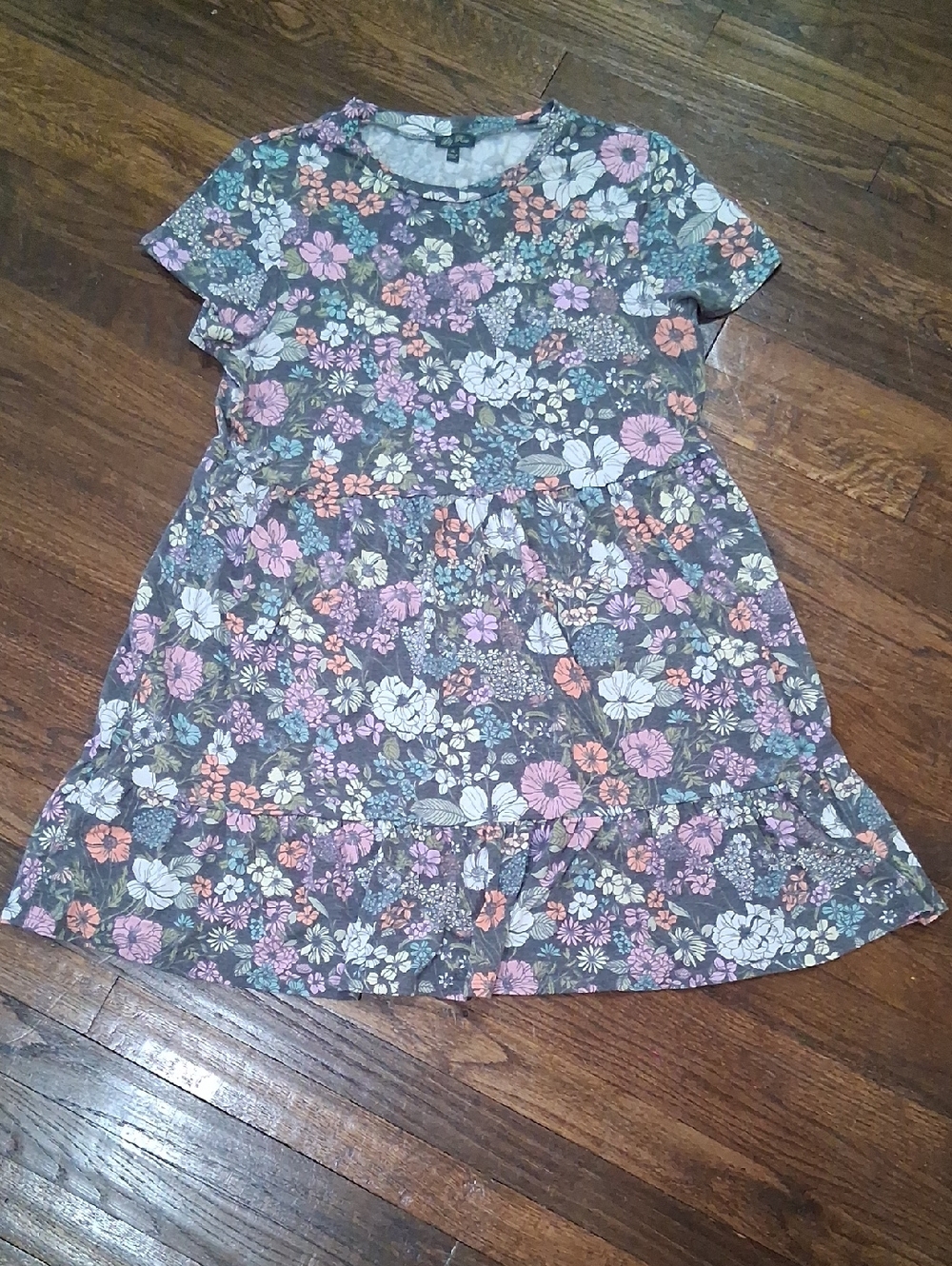 Lily Rose Floral Crewneck Dress in Charcoal with Pink & Teal Blooms